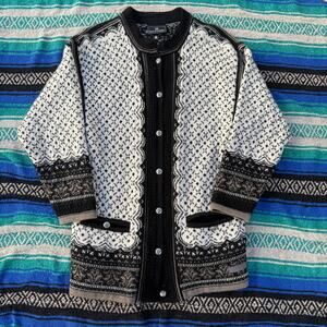 Women's Dale of Norway White Black Wool Norwegian Long Cardigan Sweater Sz Small